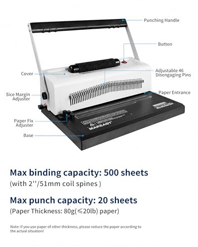 Image of MAKEASY Spiral Coil Binding Machine with 46 Fully Disengaging Pins - 4:1 Pitch - Electric Coil Inserter - Adjustable Side Margin, Comes with Free 1 Box Coil Spines & Plier, 20 Sheet Punch Capacity