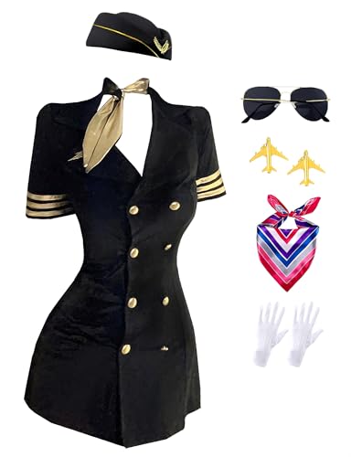 Vmyainrt Stewardess Costume Adult Flight Attendant Costume for Women Black Stewardess Uniform Set...