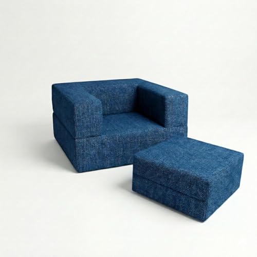 Image of C-Type Sofa Bed 3x6 Ft with Pouffe - Jute Fabric Convertible Floor Sofa Cum Bed with Wide Arm Support for Living Room & Guest Room, Office - Blue Color