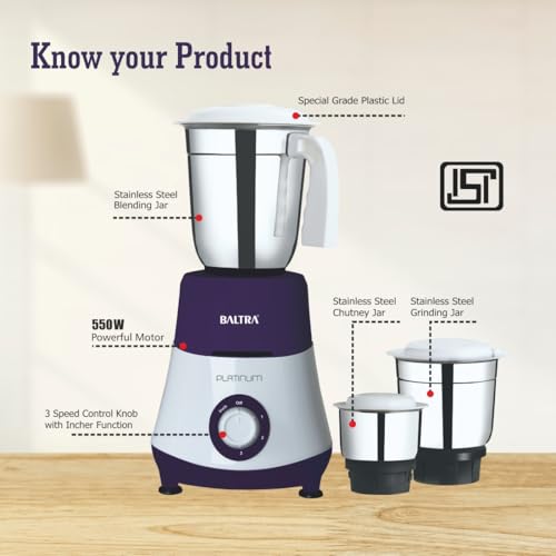 Image of BALTRA Platinum-3 BMG 182 Mixer Grinder 550 Watt | 3 Stainless Steel Jars for Powerful Grinding | Adjustable Speed Control | Durable Overload Protection | Low Noise Operation - 2 Year Warranty