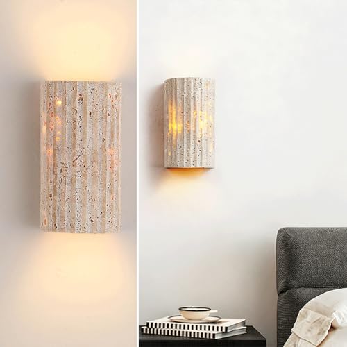 Wylolik Applique da parete in travertino giallo naturale, applique da parete Wabi-Sabi, lampada da parete a LED a strisce da 9W in travertino giallo, luci da parete in pietra gialla per interni per so