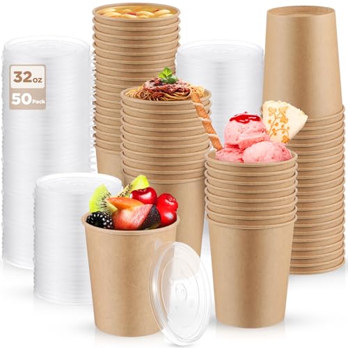 Image of Sabary 50 Pack 32oz Paper Soup Containers with Lids, Disposable to Go Soup Bowls, Ice Cream Cups, Take out Food Storage Containers, Microwavable and Freezer Safe for Ice Cream, Noodles, Snack, Yogurt