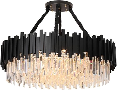 Luminaire chandelier cristal LED moderne suspension acier noir salon