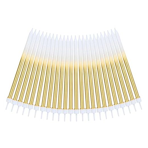 URAQT Vela de Cumpleaños, 24 piezas Velas de Pastel, Velas Metálicas para Cupcakes en Soportes, Velas Oro Degradado Largas y Finas para Cumpleaños, Bodas, Fiesta, Decoración, 13cm