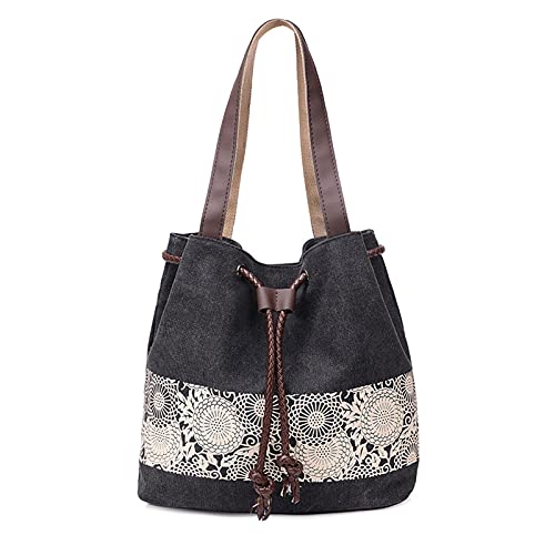 Image of Women Shoulder Bag Canvas Tote Bag Retro Drawstring Bucket Bag Ladies