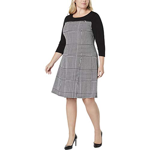 Calvin Klein Women's Plus Size Printed Three Quarter Sleeve Dress with Zip Yoke, Black/White Plaid, 1X
