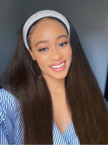 Beauty Forever Headband Wig Human Hair Yaki Straight Glueless Human Hair Wigs With Pre-attached Scarf Black to Chestnut Brown Non Lace Front Ready to Go Wigs for women 150% Density 24inch