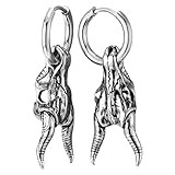 Horn Goat Skull Hoop Earrings, Mens Steel Huggie Earrings, Gothic Baphomet, Edgy Statement Jewelry