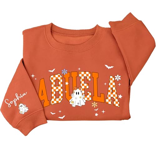 Personalized Halloween Grandma Sweatshirt with Grandkids Name on Sleeve, Retro Spooky Boo Mom Sweater2
