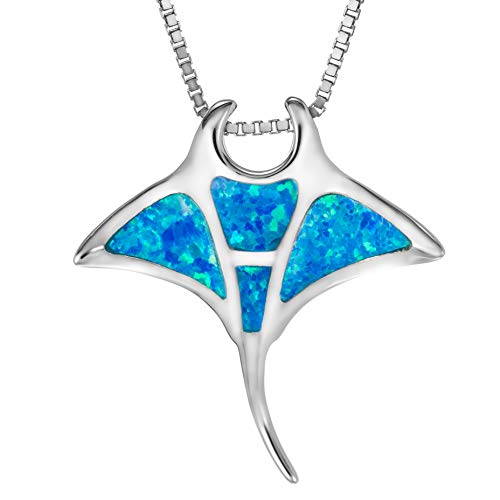 Sterling Silver Created Blue Opal Manta Ray Necklace Pendant With 18  Box Chain