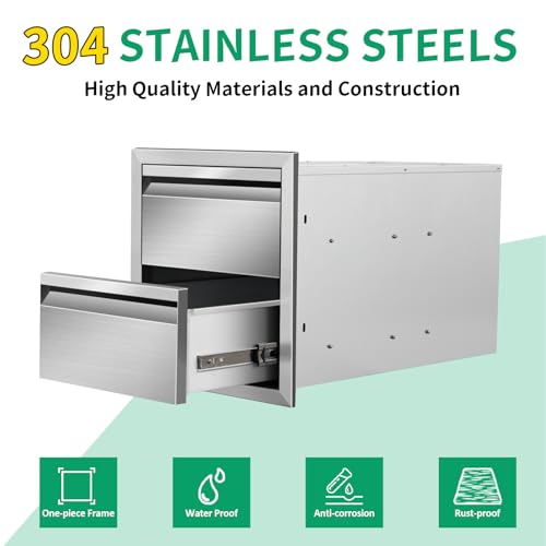Image of Outdoor Kitchen Drawers 14 inch W x 15 inch H x 23 inch D Stainless Steel Double Drawers with Hidden Handle for BBQ Island, Patio Grill Station & Outdoor Kitchen Cabinets