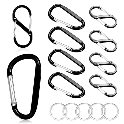 15-teiliges Karabinerhaken-Set–5 Schlüsselringe+5 S-förmige Karabinerhaken und 5 Schwarze D-Ring-Karabiner für Outdoor-Ausrüstung,Schlüsselbund-Organisation,Rucksack-Zubehör.