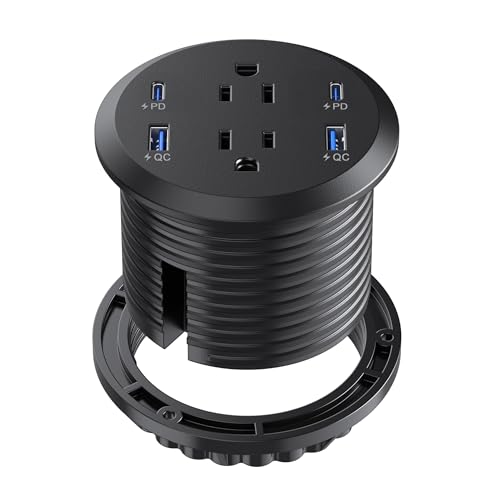 Jgstkcity Desktop Power Grommet, 65W USB C Fast Charging Port, Flush Mount Recessed Power Strip 3inch Hole,2 Outlets,4 USB Ports, Countertop Outlet (Black, 65W USB Port)