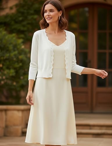 Image of Women's Cropped Cardigans 3 /4 Sleeve Button Down Lightweight Cardigan Sweaters Scalloped Edged Bolero Shrugs