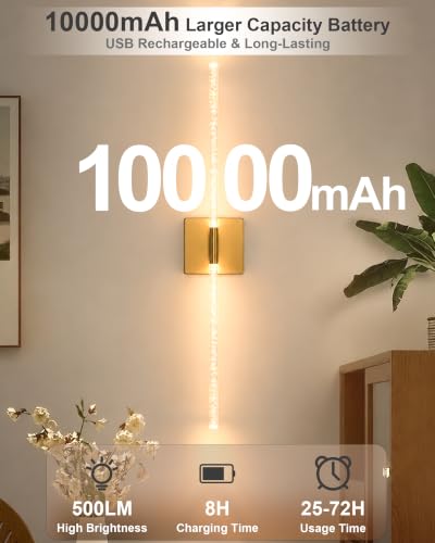 Image of Wall Sconce Set of 2: Gold Rechargeable Wireless Magnetic Install, Crystal | 10000mAh Battery Operated, 360 Rotatable Wall Light,4CCT Dimmable LED Scone Lighting for Living Room Bedroom. 31.7in