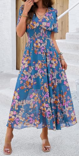 Image of Sister Amy Women's Boho Floral Print Square Neck Beach Party Flowy Ruffle Midi Dress
