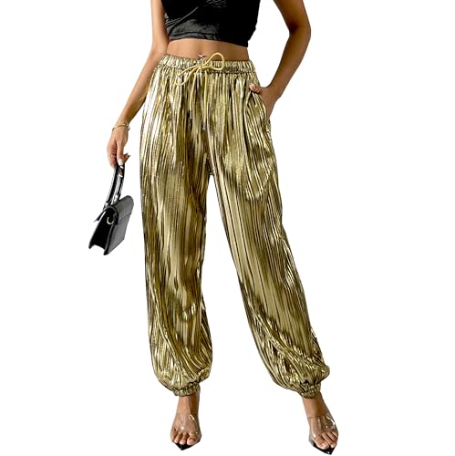 Fakanhui Women's Metallic Jogger Pants Sequin Gold Silver Casual Dress Evening Party Clubwear Trouser