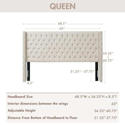 Image of Madison Park Amelia Upholstered Headboard | Nail Head Trim Wingback Button Tufted | Queen, Cream