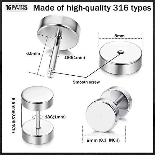 FIBO STEEL 16 Pairs Fake Gauge Earrings for Men Women Stainless Steel Stud Earrings Cheater Fake Ear Plugs Faux Gauges Earrings Ear Tunnel2