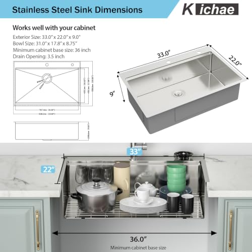 Image of Kichae 33 Kitchen Sink Drop In Workstation 16 Gauge Stainless Steel