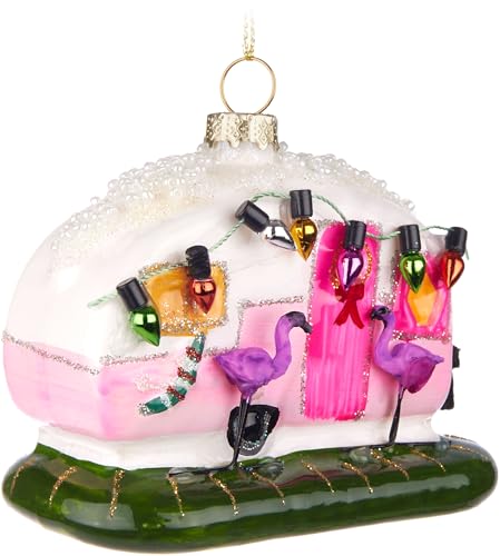 BRUBAKER Rosa Wohnwagen mit Lichterkette und Flamingos - Handbemalte...