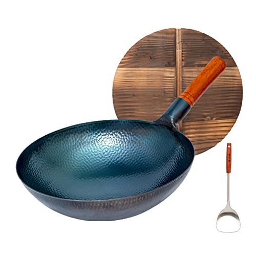 Olla De Hierro Tradicional China, Wok De Hierro Fundido Martillado A Mano para Saltear, Fondo Redondo con Tapa Y Asa De Madera, Sin Revestimiento, Menos Aceite, Olla Antiadherente, 36 Cm, 34 Cm