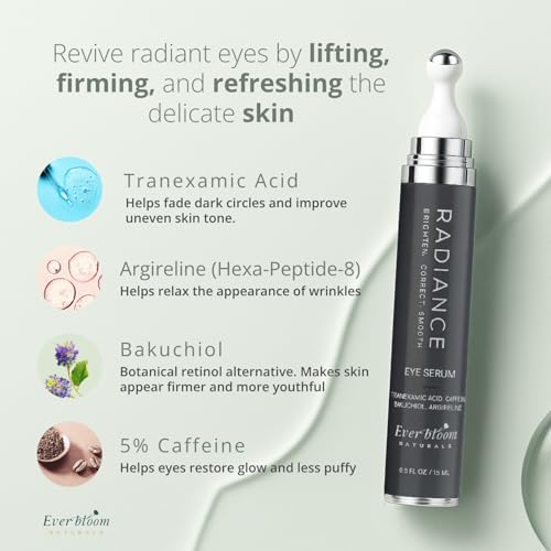 Everbloom Naturals Tranexamic Acid Eye Serum Roller with Bakuchiol, Argireline Peptide, Caffeine for Dark-Circles, Hyperpigmentation,Puffiness, Skin Glow, Fine Line Care, Korean Skin Care 0.5 fl. Oz