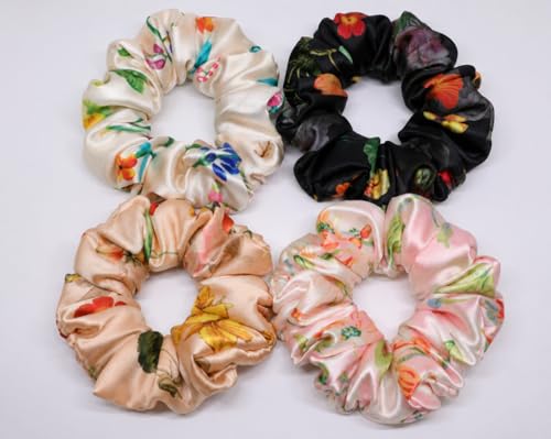 Image of Satin Scrunchies Hair Bands for Women | No-Damage Elastic Hair Ties for Ponytails & Buns | Fluffy & Stylish Rubber Bands | Free Size | Pack of 4 | Angel Blush Lg (Large Size)