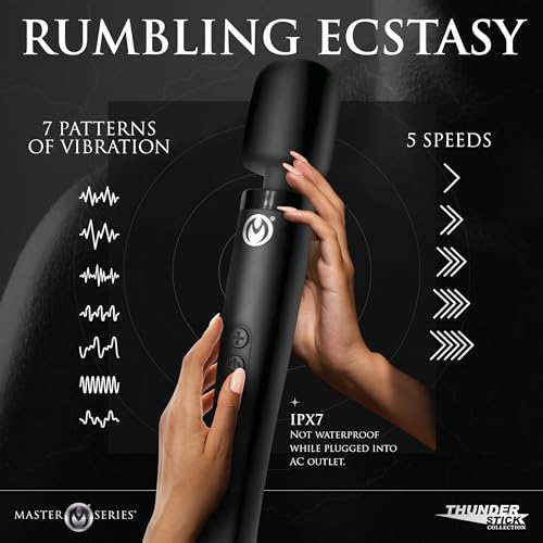 MASTER SERIES Thunderstick Pro Wand Massager for Beginners, Men, Women, & Couples. Super Powerful Vibes and Flexible Silicone Head. Designed for International Travel. Rechargeable. 6 Pieces, Black. - Image 4