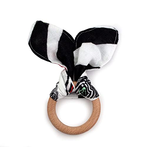 Image of Kanga Care Baby Soft Muslin Sensory Crinkle Bunny Ear Wood Teething Ring - Mixtape Vintage