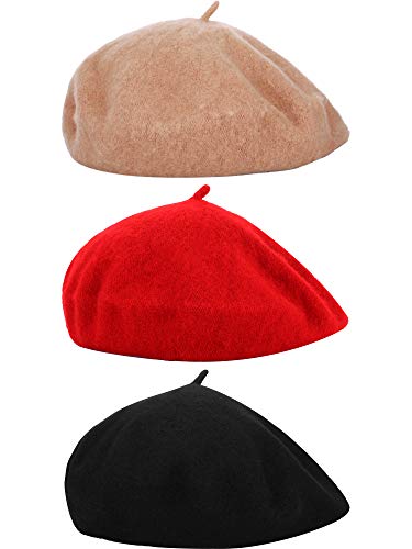 3 Pieces Women Beret Hats French Style Berets Wool Beret Winter Beret Cap (Black, Camel Color, Red)