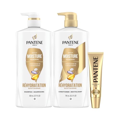 Pantene Shampoo 820 mL, Conditioner 745 mL and Hair Treatment 15 mL Set, Daily Moisture Renewal For Dry Hair, Safe For Color-Treated Hair, 1.58 L Total