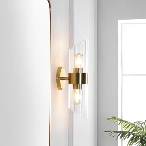 Image of SAFAVIEH Lighting Collection Eytan Clear Glass /Brass Vertical Wall Sconce Set of 2 Light Fixture, Ideal for Bathroom, Entryway, Vanity, Foyer, Hallway, Living Room (LED Bulbs Included)