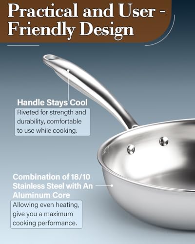 Image of Cook N Home 02682 Tri-Ply Clad Stainless Steel Skillet Saute Fry Pan, 10-inch, Silver