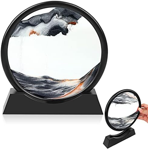 Flowing Sand Painting,3D Natural Landscape Dynamic Art Sand Painting,Round Glass 3D Deep Sea Sand Painting Artistic Sandscape for Home Ornament Desktop Art Bookshelves Decoration(Black,7 Inches)