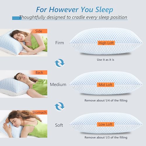 Image of UYWO Cooling Firm Bed Pillows Set of 2, Shredded Memory Foam Pillows for Sleeping Luxury Gel Pillows for Side Back Stomach Sleepers with Removable Washable Cover(Blue, Standard)