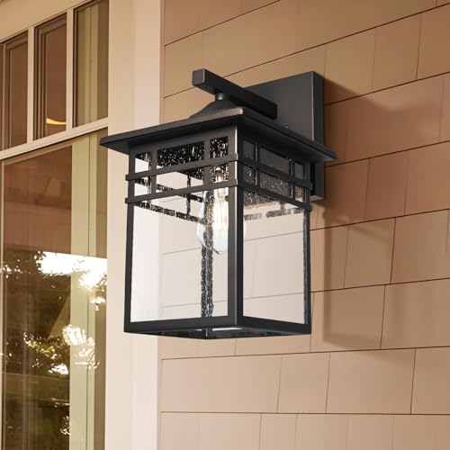 Image of Outdoor Light Fixture Wall Mount, Black Exterior Light Fixture Wall Sconces with Seeded Glass for Front Porch, 9 Inch Large Waterproof Outdoor Square Wall Lantern Outside for House Doorway