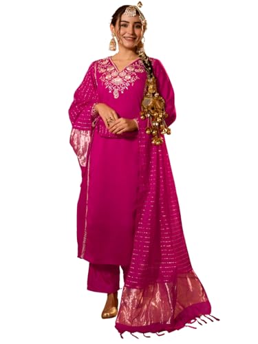 Image of Naixa Women's Viscose Silk Embroidered Straight Kurta with Pant | Viscose Jacquard Dupatta Set | Full Sleeve | V-Neck | Festive (Available in Plus Size)