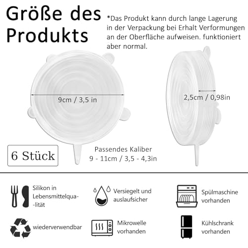 Silikondeckel, 6 Stück Silikondeckel Dehnbar, 9cm Lebensmittelaufbewahrungsabdeckungen, Joghurtbecher, Silikon Deckel Stretch für Dosen, Obst, Schüsseln, Becher, Transparent