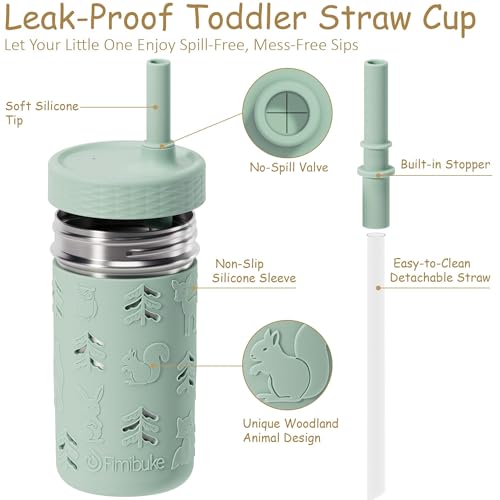 Fimibuke Toddler Cups Spill Proof, 12 OZ Sippy Cups for Kid Girl Boy, Leak Proof Stainless Steel Tumbler with Lid, Silicone Straw & Sleeve, BPA Free Dishwasher Safe Water Bottle Snack Container 4 Pack