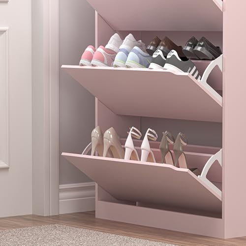 Shoe Cabinet with 3 Flip Drawers, Hidden Wood Shoe Cabinet,Freestanding Shoe Storage Cabinet for Entryway Hallway.White. 47.2" H*31.5" W*9.45" D (Pink)