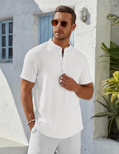 COOFANDY Men's Henley Shirt Short Sleeve Stand Collar Summer Casual Beach Hippie T-Shirts4
