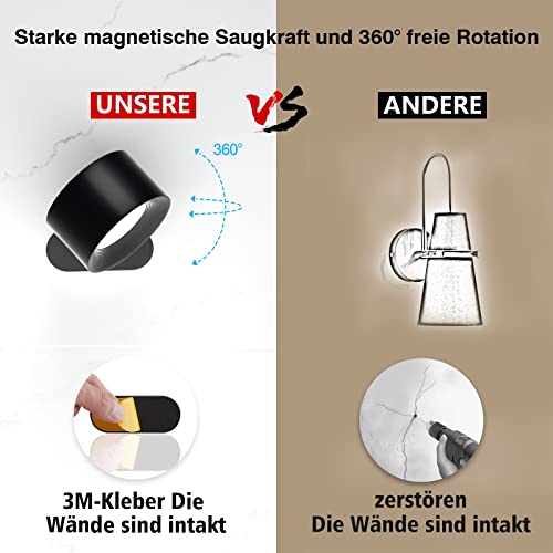 Wandleuchte Innen, Wandlampe mit USB-Ladeanschluss 3 Farbmodi 3 Helligkeitsstufen Led Wandleuchte Innen 360° drehbare Touch Control Wandlampen Kabellose Wandleuchten Schwarz (1 Stück)