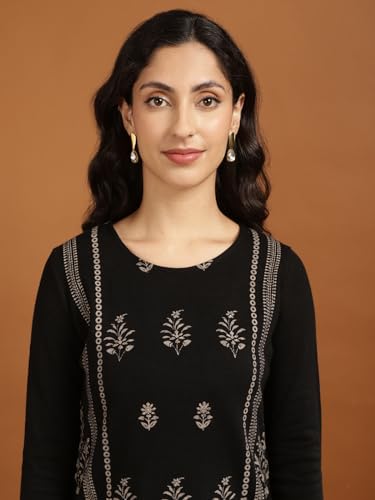Image of rangita Black Acrylic Calf Length Printed Straight Kurti for Women | Kurta for Women