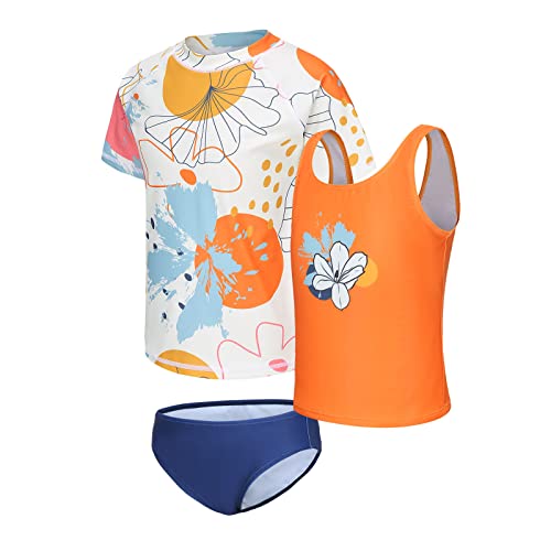 Image of Girls 3 Piece Rash Guard Swimsuits Set for Girls Short Sleeve Bathing Suits Hawaiian Swim Set 3-16 Years