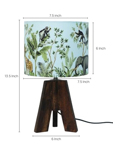 Image of Green Girgit Decorative Tri-Leg Stand Wooden Table Lamp with Jungle Multicolor Lamp Shade Bedside & Reading Night Lamp for Bedroom, Living Room & Home Decor | Warm Ambient Light