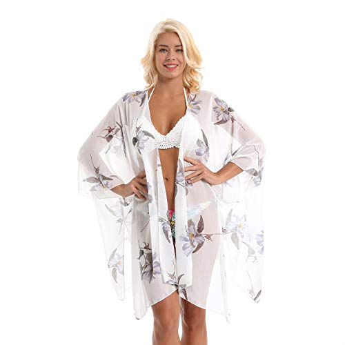 JHWSX Patrón de Las Mujeres Cubre for Arriba la Flor de la Magnolia Kimono Rebecas de Gasa de protección Solar Traje de baño del Bikini de Trajes de baño Cover