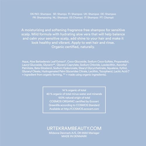 Urtekram Fragrance Free Shampoo – Zertifiziertes Bio-Shampoo Vegan, Parfümfrei für empfindliche Kopfhaut, Aloe Vera & Glycerin, sanfte Reinigung & Feuchtigkeit, 250 ml (1er Pack)