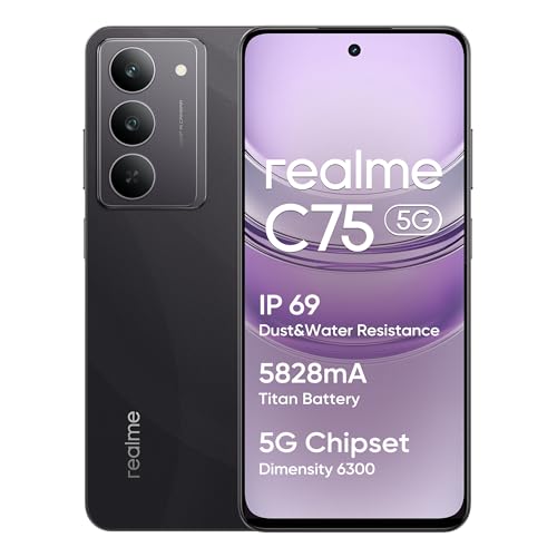 realme C75 5G Smartphone, 8+256GB, Gran batería de 5828 mAh, Procesador 5G Dimensity 6300, Cámara con IA de 50 MP, Resistencia al Agua de Primer Nivel IP69, Negro