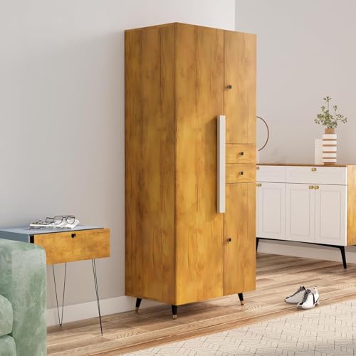 Image of Bniture 3 Door Wooden Wardrobe for Bedroom | Almirah for Clothes with 3 Shelves & 2 Hanging Sections | Full Height Storage Cupboard for Bedroom | Storage Cupboard with Long Bar Handle | Giant Wood